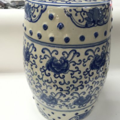 A Chinese blue and white garden seat. 45cm tall by 34cm wide approximately. Postage D. NO RESERVE