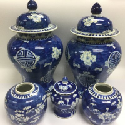 A box of blue and white ceramics comprising vases and ginger jars. Some damage. Shipping category D.
