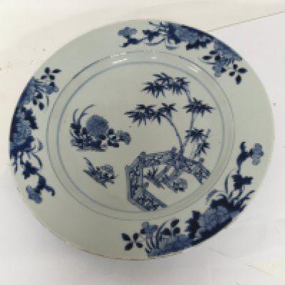 A large Chinese Export porcelain blue and white dish very minor rim Frits otherwise no damage diameter 36cm
