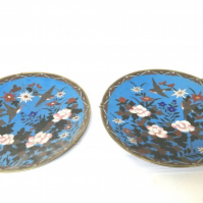 A pair of Cloisonn&eacute; dishes decorated with birds and flowers and foliage 30cm . (2)