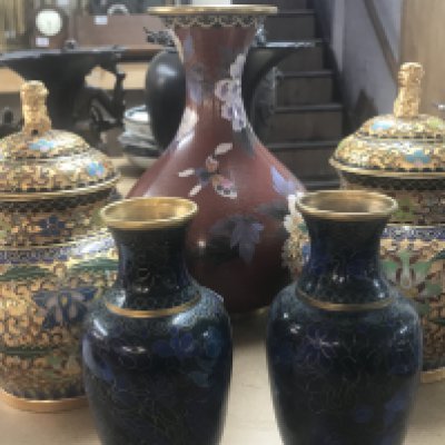A collection of Chinese cloisonn&eacute; including two pairs of vases .and a floral vase .