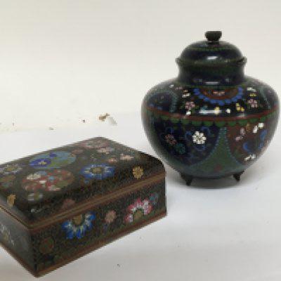 A Quality Cloisonn&eacute; box 10cm x8cm decorated with roundels of flowers and a cloisonn&eacute; vase and cover. (2)