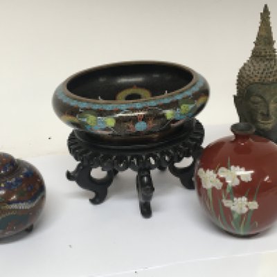 A Quality Japanese Cloisonne vase Deco with flowers on a red ground other Cloisonne a bowl on a hard wood stand and one other dish and a bronze (4)