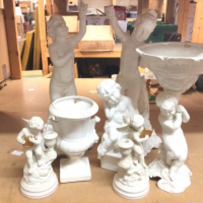A collection of porcelain Cherub and Putti figures by Franklin Mint, Italian maker etc. Some figures are damaged. 23 to 47cm tall. This lot cannot be posted. NO RESERVE