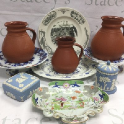 A collection of ceramics including three Wedgwood terracotta jugs, jasperware, plates etc. NO RESERVE