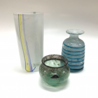 3 studio glass vases to include Kosta Boda, Vasart, Medina. (D)