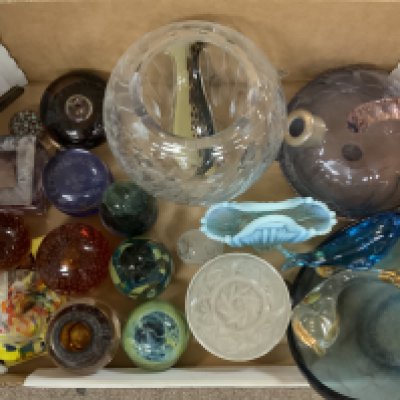 A box of various paperweights and good glassware.