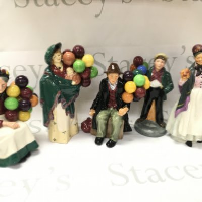 A collection of Royal Doulton balloon seller porcelain figures including The Old Balloon Seller, Balloon Boy etc. no obvious damage or restoration