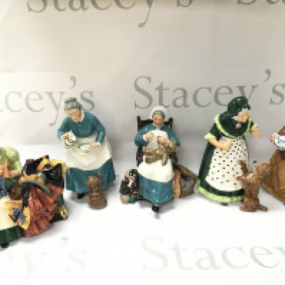 A collection of royal Doulton porcelain figures including Old Mother Hubbard, teatime , the wardrobe mistress etc. no obvious damage or restoration .this lot cannot be posted