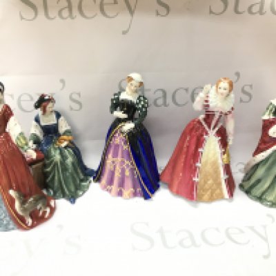 Royal Doulton porcelain figures including Queens of the realm Mary Queens of scots, Queen Elizabeth I, Queen Anne etc. no obvious damage or restoration.This is lot cannot be posted