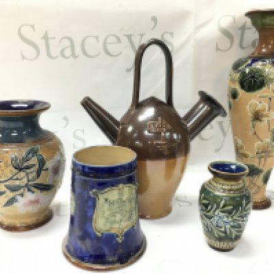 Royal Doulton Lambeth stone ware including a Sarum kettle, oviform vase with Nasturtium pattern, Mortlake and East Sheen Rifle Club tankard etc. this lot cannot be posted