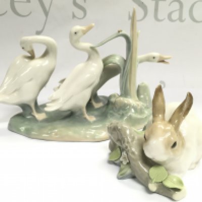 Withdrawn - Two porcelain Lladro figures, group of swans and a rabbit .no obvious damage or restoration.this lot cannot be posted