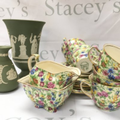 Royal Winton Chintz pottery , Wedgwood green jasperware vases. This lot cannot be posted