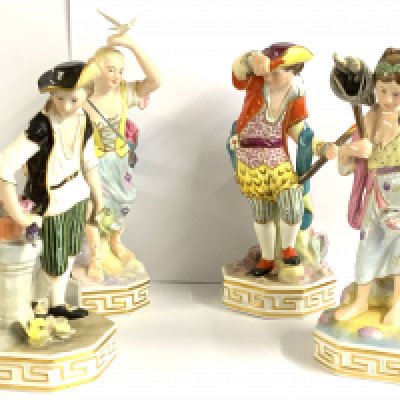 A set of four Derby Elements porcelain figures, depicting Earth, Water, Air & Fire, each with Stevenson & Hancock marks together with three marked J Gould and two marked C Tompkinson, 20cm high.