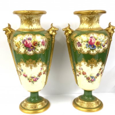 A pair of Copeland Spode porcelain vases signed J Worrall, 25cm (1 with significant damage)