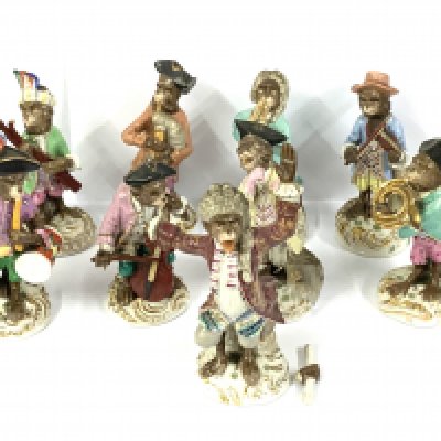 A Siztendorf porcelain monkey band, 9 figures. (Some damage). D.