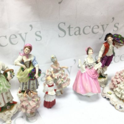 A collection of early 20th century Dresden porcelain figures and a some Royal Doulton figures including Ballad Seller, Choir boy . this lot cannot be posted