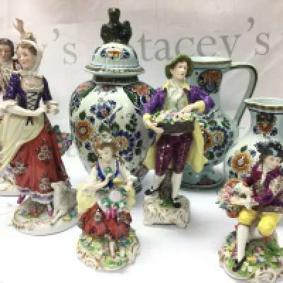 Modern 20th century Delft jugs and a vase, a collection of Sitzendorf porcelain figures. This lot cannot be posted