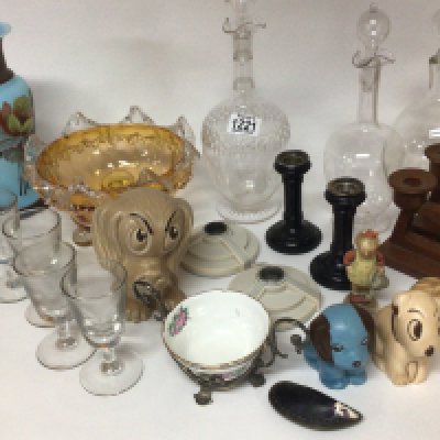 A collection of ceramics and glass and other oddments including Art Deco Candle sticks art glass a shell snuff box and other oddments.