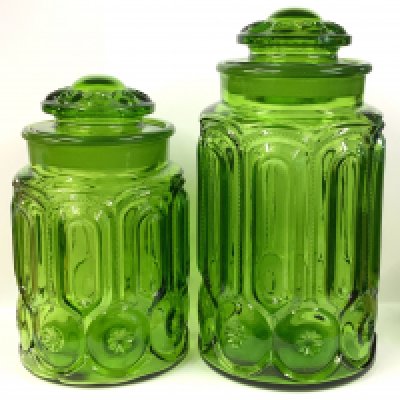 2 1970s Green glass canisters 23cm/29cm.