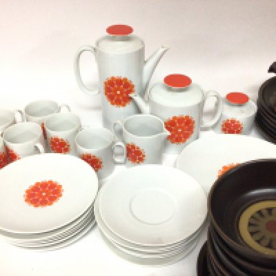 A mid 20th century design Thomas German porcelain tea coffee set with a an orange modern design pattern and a Denby ceramic dinner and tea set dark brown pattern.