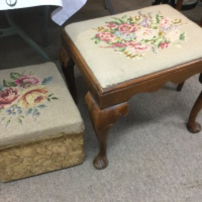 A George III style walnut stool with an embroidered seat and one other. Shipping category D.