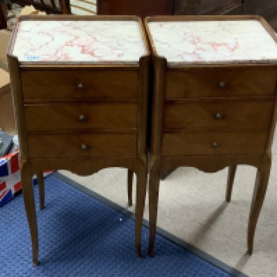 A pair of french marble topped marquetry bedside / sofa cabinets. (D)