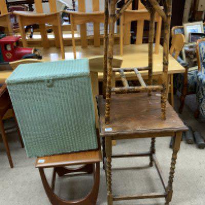 4 furniture items to include a lacquered topped bamboo table, Oak side table, Lloyd loom linen basket, 1970s teak side table.