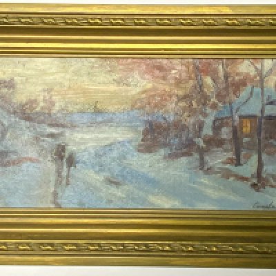 Konstantin Korovin, (Konstantine Alexevitch Korowin), Russian 1861-1939, French landscape and figures scene. Board size 30cm x 13cm mounted within a gilt frame.