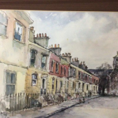 Two framed watercolours by John Snelling a winter landscape and moored sailing barges and one other watercolour a London street scene by G Roy Hammond. (3) NO RESERVE