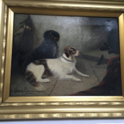An oil painting of two dogs signed and framed, Approx size 52x43cm.