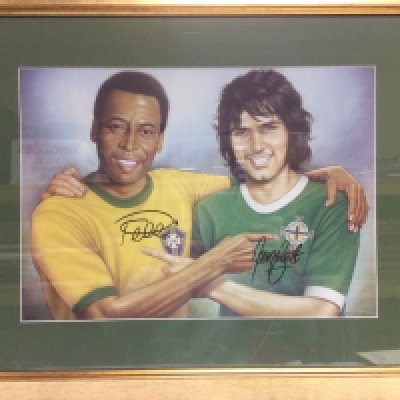A framed and glazed sigmed print of both Pele and George Best, no COA, approx 74cm x 59cm. Shipping category D. NO RESERVE