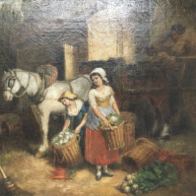A pen oil painting on canvas depicting ladies with baskets of vegetables with a harnessed working horse The Painting Entitled Preparing for Market attributed to Francis Wheatley 1747-1801. 90x78cm