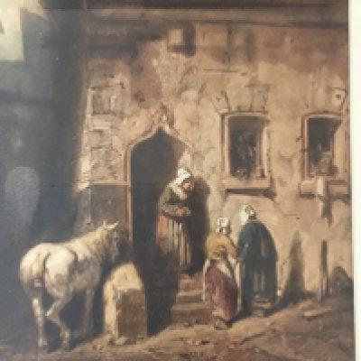 A 19th century later framed watercolour depicting figures by a doorway With a horse. Signed lower right. NO RESERVE