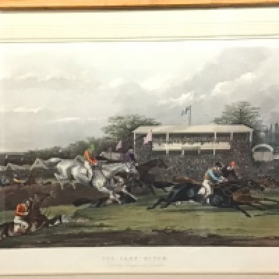 A pair of large coloured prints 19th century horse racing studies The First Flight and The Last Ditch. After the original painted by A W Neville and published by J N McQueen 1871(2)