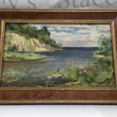 An oil on wood piece by Viktor kudelkin(1911-1995), named 'by the river'1993.