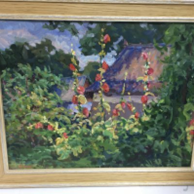 An oil on board piece by Yuliya piven, named 'hollyhocks'. Approx size 35cmx45cm.