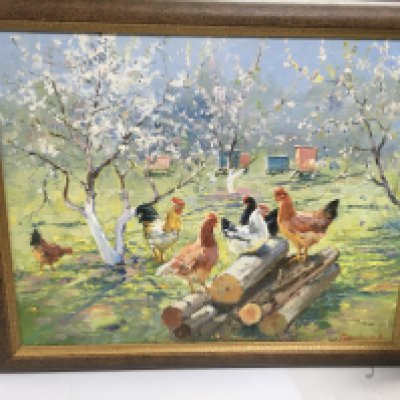 An oil on canvas piece by Vitaly baranenko, named 'In the bee apiary' . Approx size 39cmx49cm.