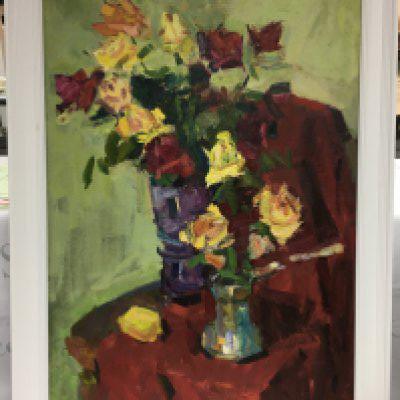 An oil on canvas by Vyacheslav Pereta, named 'still life with roses'. Approx size 73cmx53cm.
