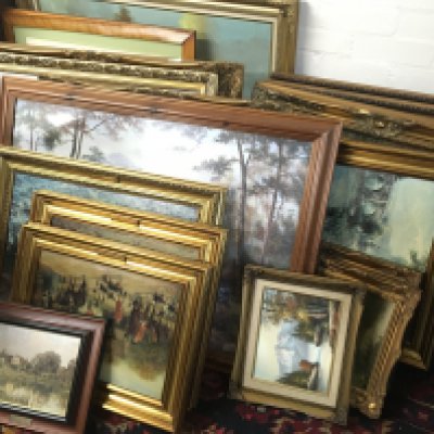 A large collection of framed pictures including prints , modern oil paintings etc including depictions of rural views and animals. NO RESERVE