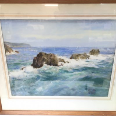 A framed seascape watercolour , by William Eric Thorp (1901-1993) . Frame dimensions 69x79cm. This cannot be posted