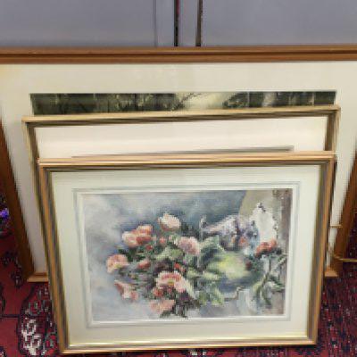 A collection of various framed watercolours including still life flower vase, scenery etc