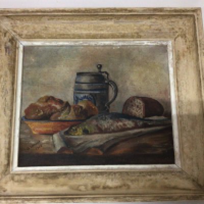 A Mid 20th century Continental oil painting still life study fish and food with a stoneware tankard on a rustic table signed G Verdier dated 1942. framed.