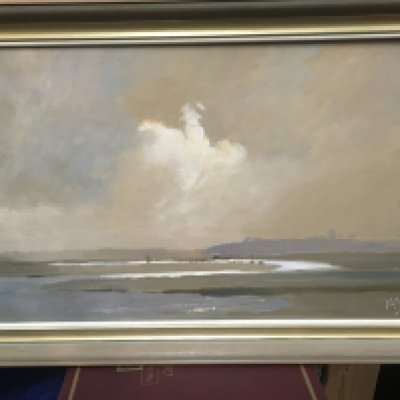 A Vic Ellis oil on canvas painting, The Sands of Leigh on Sea with written description from Vic Ellis on the back.