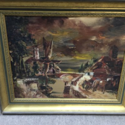 An oil painting of fishing boats with two Victorian prints in maple frames.