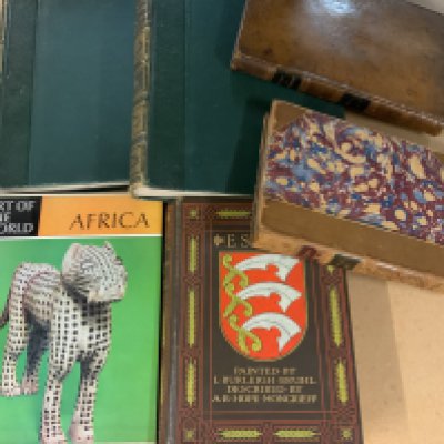 A small collection of vintage refrence books including ESSEX Painted by L. Burleigh Bruhl, Moncrieff, A. R. Hope Published by Adam and Charles Black, London, 1909, Art of the World AFRICA Elsy Leuzinger, Birds of our Country Vol 1 and 2, History and description of the ancient borough of Colchester, leather and board bound 1825 Volume 1, Essex review Volume 1 XII, etc.