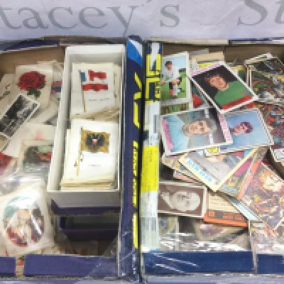 Two boxes of loose trade cards and silk cigarette cards. Shipping category B.
