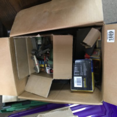 A box containing playworn die cast vintage toys and a quantity of dolls house furniture and other items no Reserve.