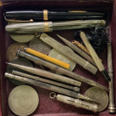 Various hallmarked silver pencils and 2 Waterman Fountain pens.