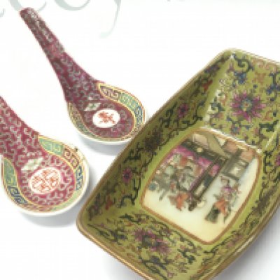 A Chinese ceramic soup bowl with gilt design, floral decoration, hand painted scene with figures and soup spoons . This lot cannot be posted